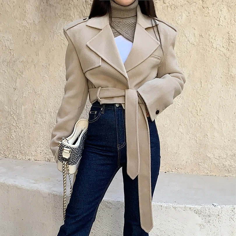 

Retro Collar ort Woolen Jaet Belted Casual High Waist Sle Long Sve Pure Color Commute Autumn Faion Ladies Coat