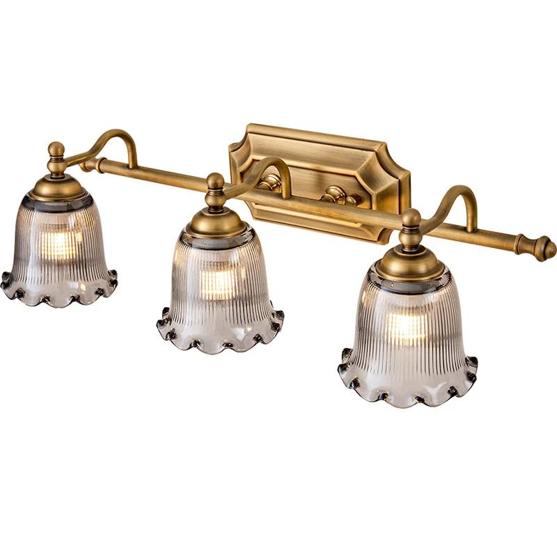 American Retro Mirror Headlight Bathroom Full Copper Mirror Cabinet Dressing Flower Wall Lamp LED Lamp