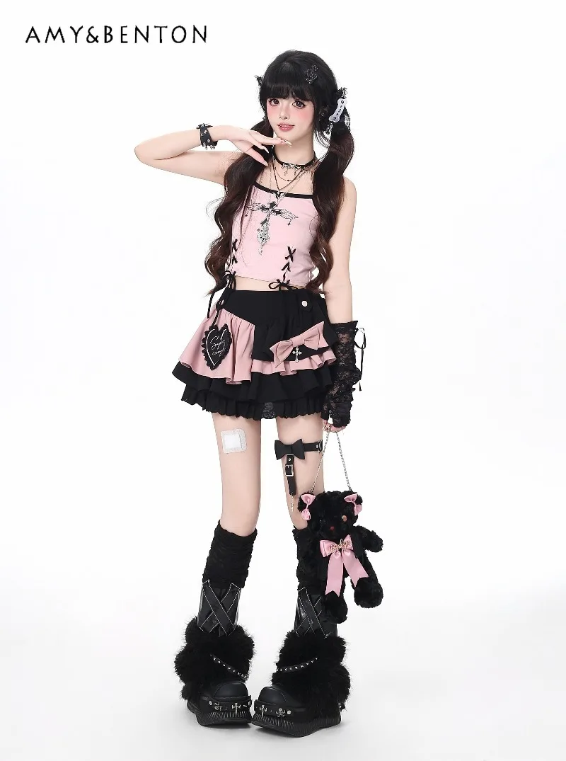 

Original Sweet Cool Strap Puffy Cake Skirt Harajuku Style Subculture Color-blocking Multi-layered Mini Skirts Women New Spring