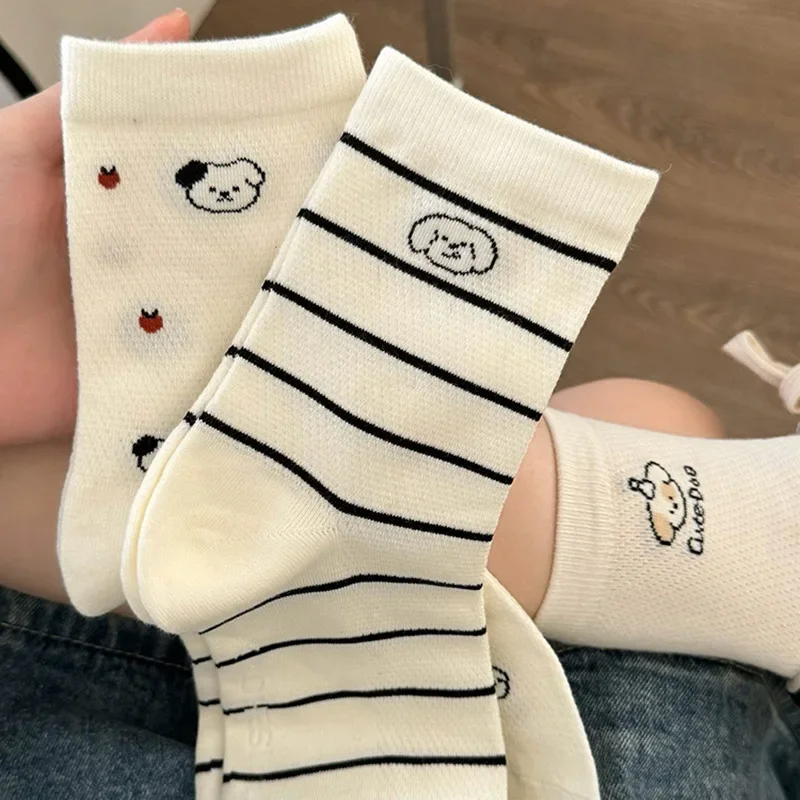 Chaussettes mi-hautes en pur coton pour femmes, motif de chiot blanc mignon, conception de maille, dessin animé japonais JK Kawaii, chaussettes de rinçage amusantes à la mode