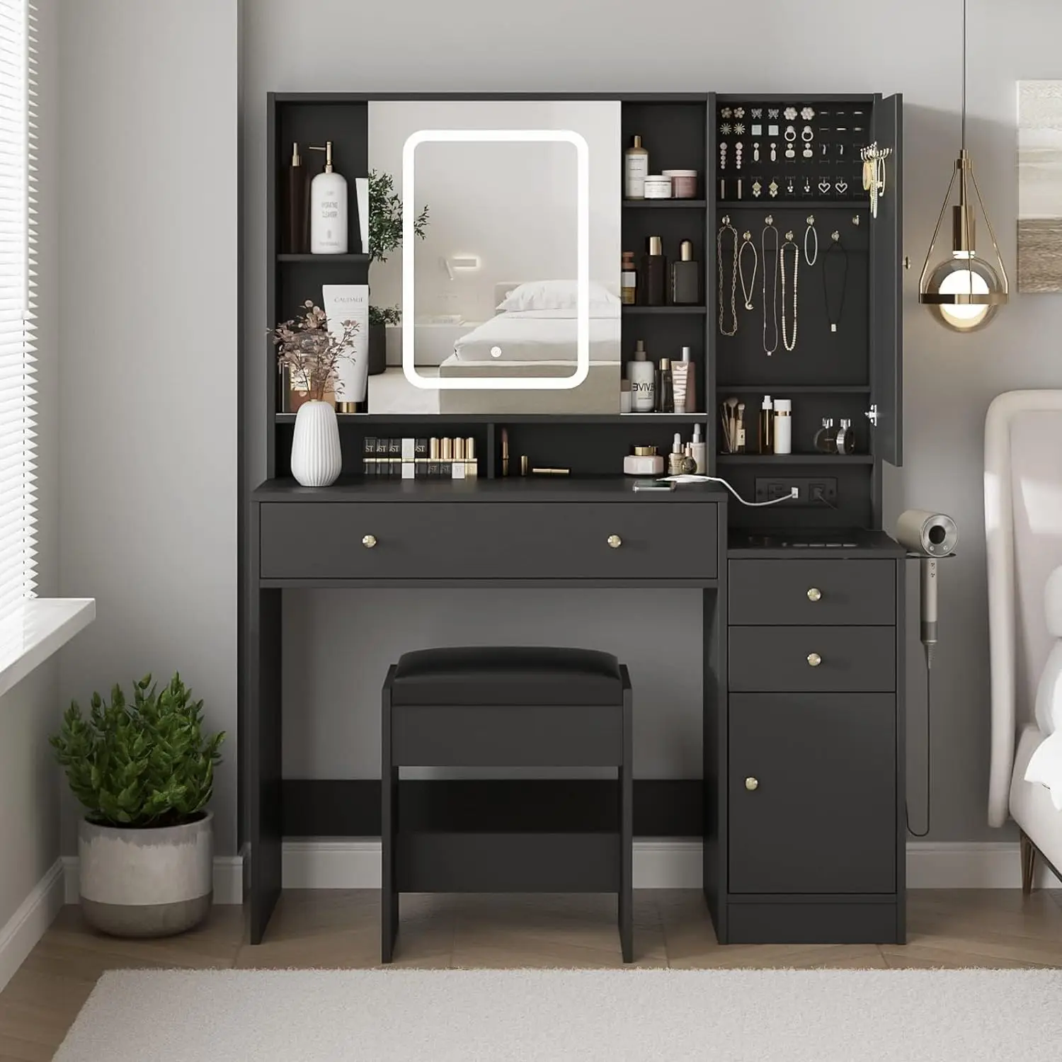 

Vanity Desk with Mirror and Lights, Vanity Table Makeup with Lights 3 Drawers and Cabinets, Charging Station & Sliding Door