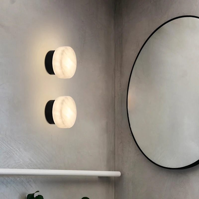 Spanish Natural Marble Round Wall Lamp Modern Nordic Wall Sconce Living Room Hallway Stair Wall Light Bedroom Bedside Lamp