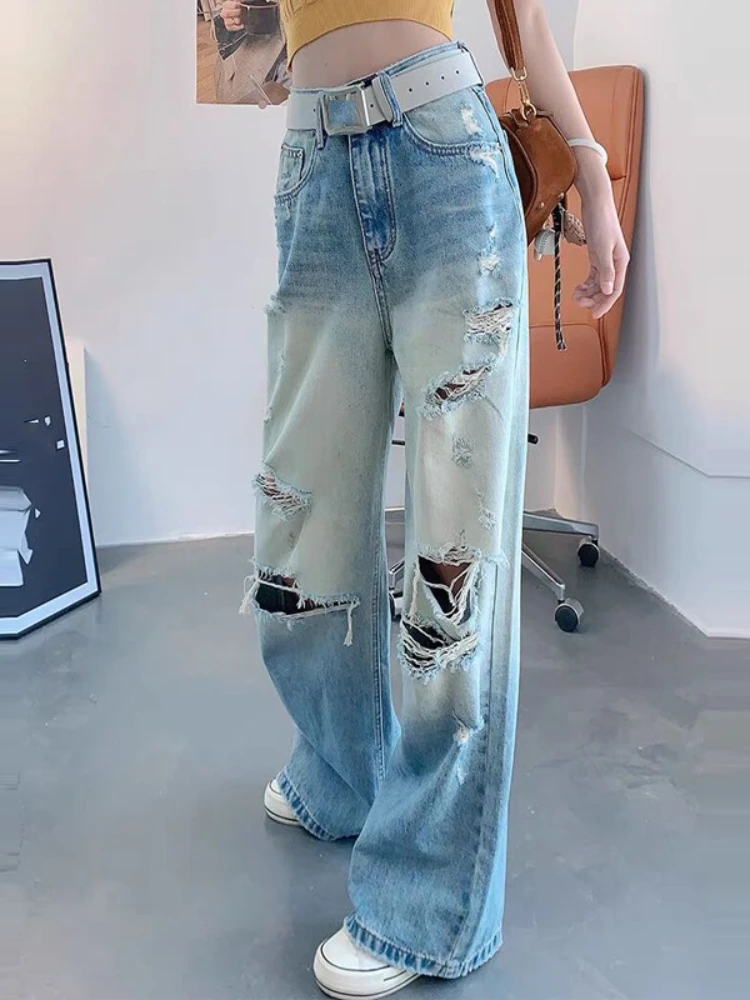 American style retro distressed ripped jeans for women 2025 new summer thin straight leg loose wide leg floor pants