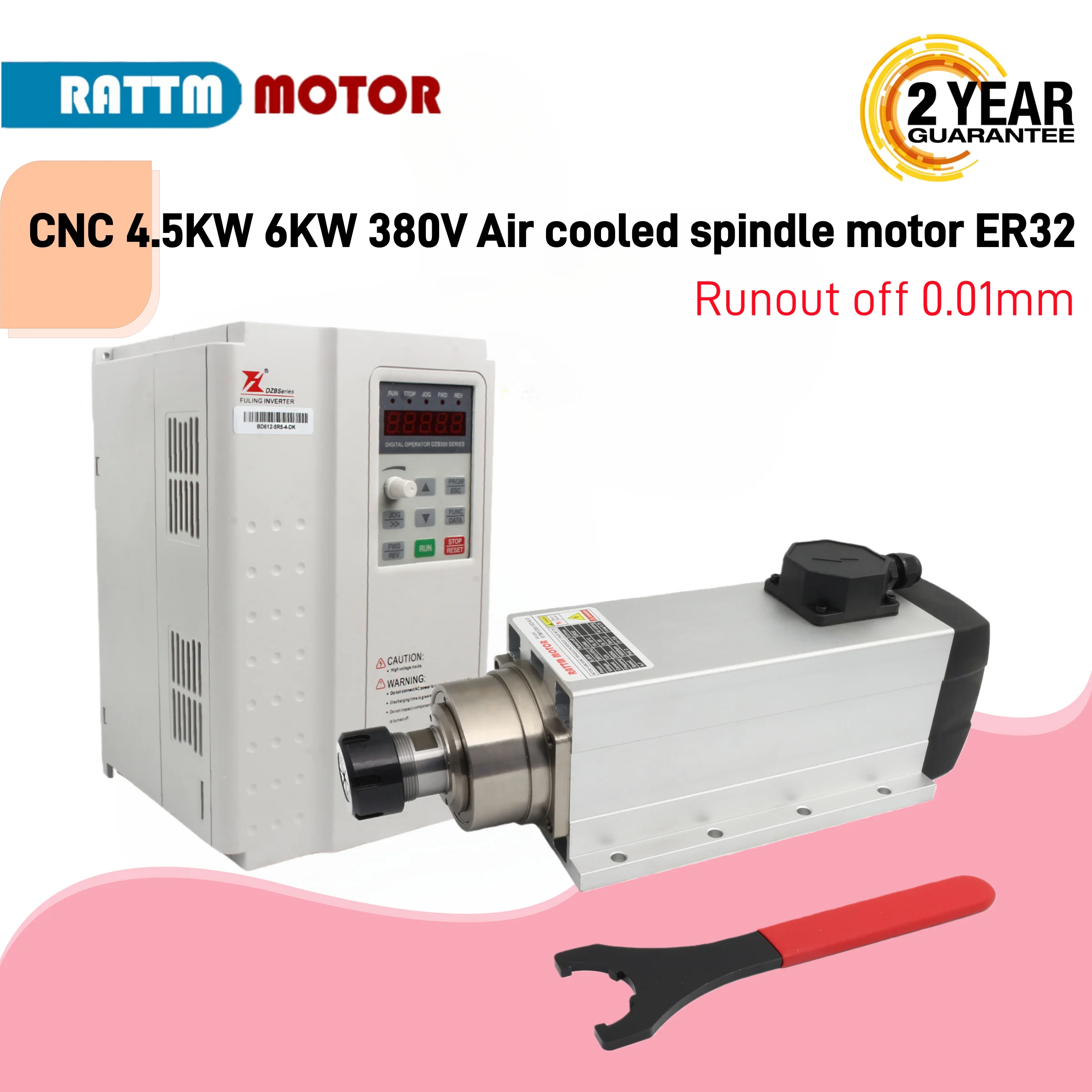 CNC 4.5KW 6KW 380V Air cooled spindle motor ER32 Runout off 0.01mm 300Hz+5.5KW 7.5KW HY /Fuling Inverter VFD 380V for CNC Router
