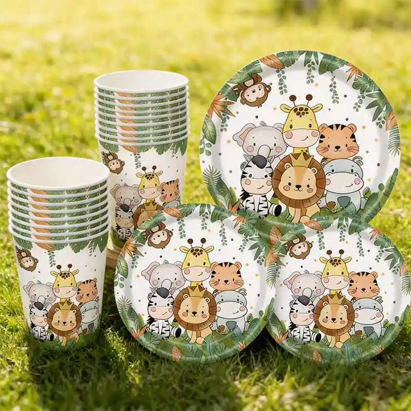Decoraciones de Cumpleaños con Temática de la Selva, Juego de Vajilla Infantil, Platos y Vasos de Papel, Pancarta, Globos de Animales de la Selva, Artículos para Fiestas