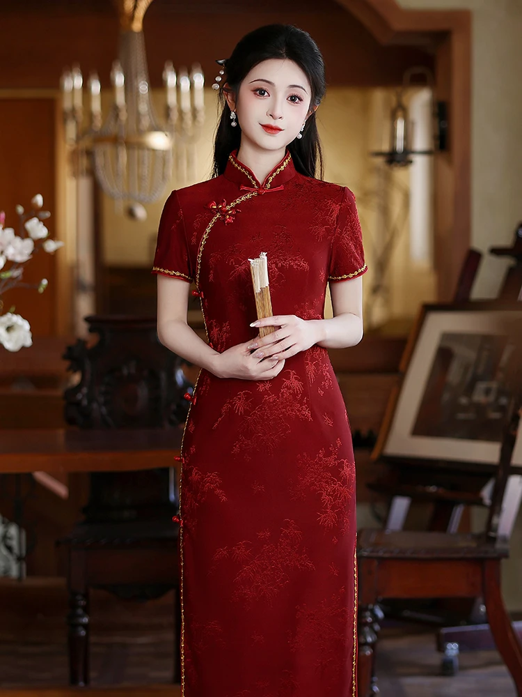

Red Wedding Dr New Chinese Sle Engaging 2026 New Design ort Sve Long Qipao for Brides Low Slit Ele