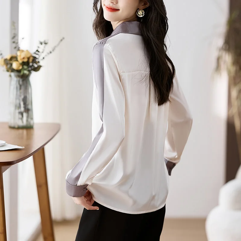 Women Clothing Spring Tops New Long Sleeve Patchwork Chiffon Shirts Chic Contrast Office Korean Fashion Casual Blouse Female