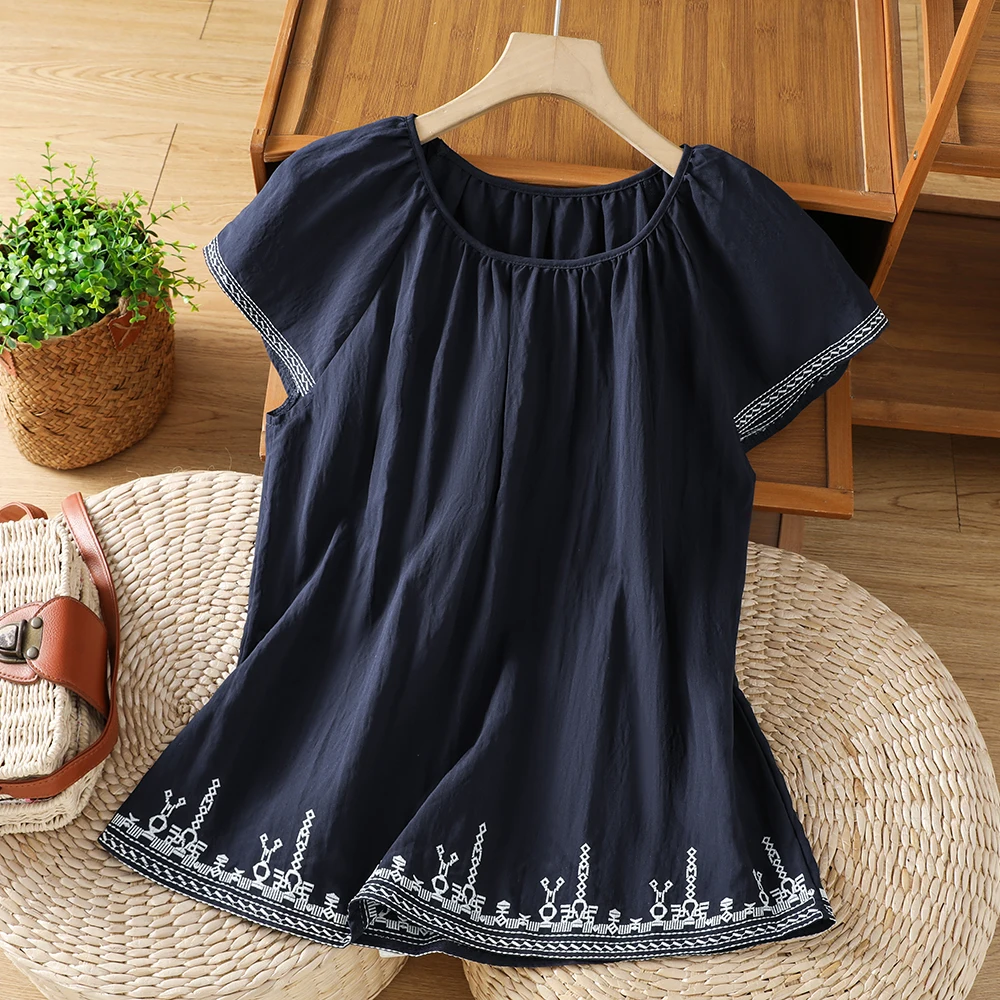 Elegant Ladies O-neck Short Sleeve Summer Cotton Blouses Women Boho Style Holiday Beach Embroidery Top White Navy Blue T-shirt view 2
