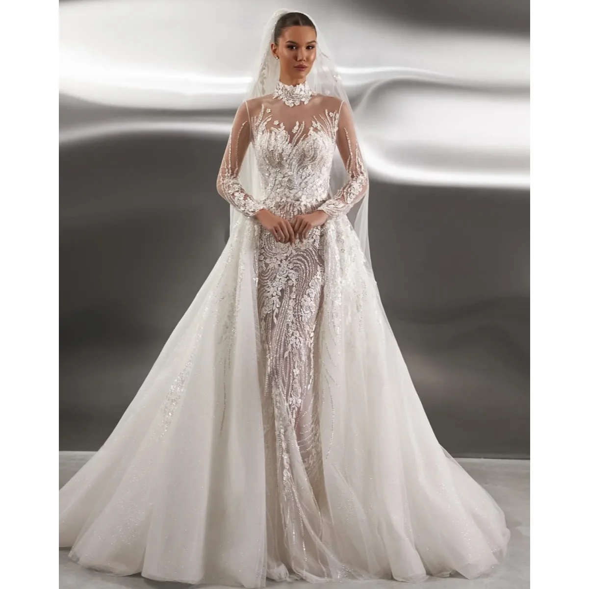 Luxury Sparkling Mermaid Wedding Dress Lace Bead Decoration Long Sleeve Bride Dress Detachable Train Tank Top Customized