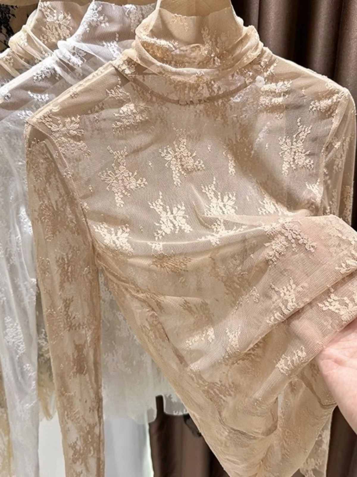 

Thickened Fleece Long Sleeve Lace Base Shirt Women's Spring Autumn Winter Inner Wear Half High Collar Tulle Underwear Top