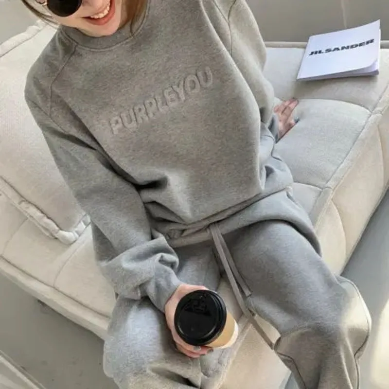 Women\'s Purple Sports Suit Spring And Autumn 2025 New Casual Fashion Style Loose Long Sleeve Sweater Tops Pants 2 Two Piece Set
