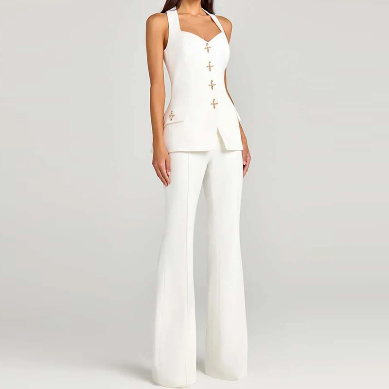 

Elegant Button Solid Temperament Sets Casual Long Sleeve 3 Piece Suits Sexy Sleeveless Vest + Long Pant + Blazer Jacket Outfits