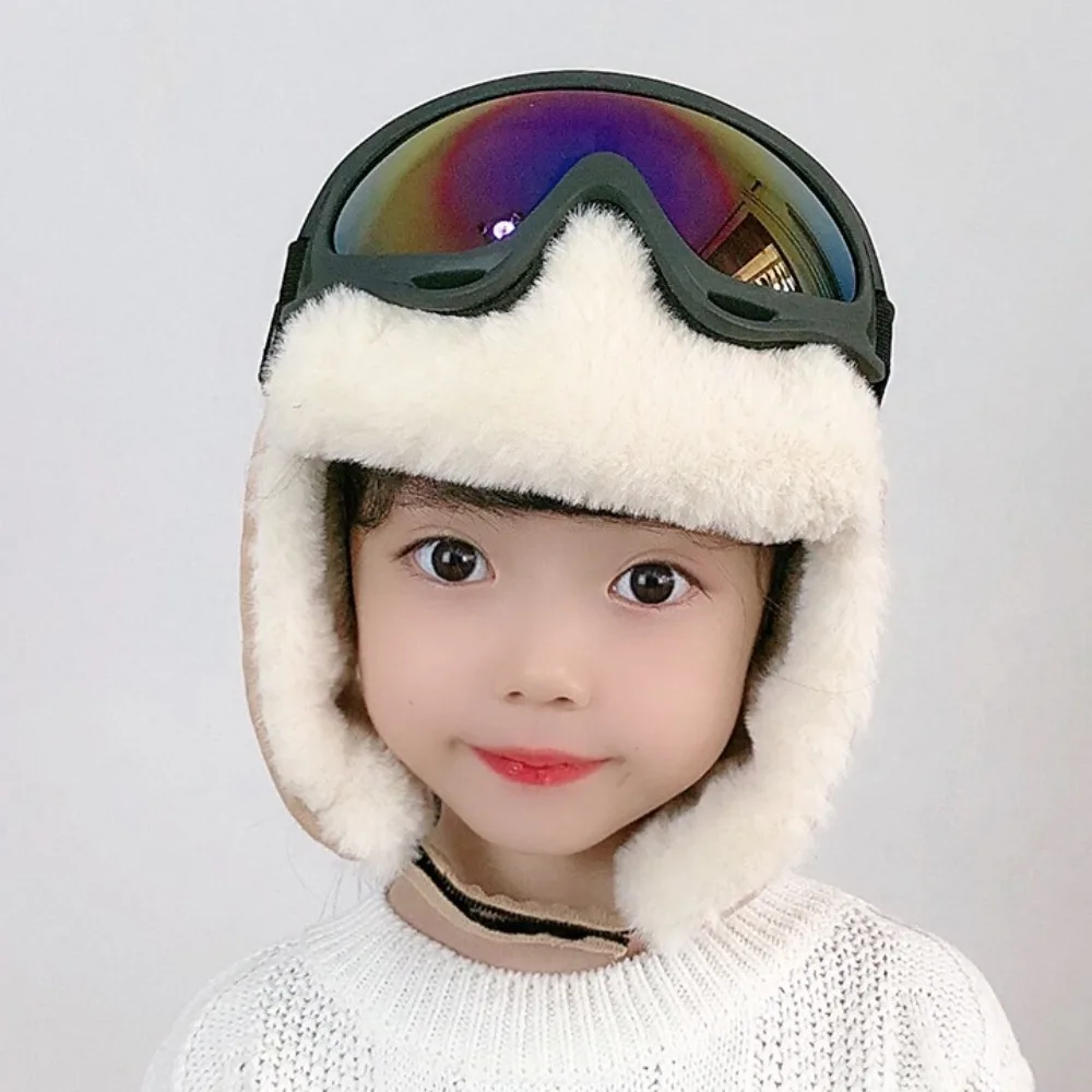 Cartoon Warm Ski Cap with Glasses Goggles Cute Plush Pilot Hat Earmuff Windproof Ear Protection Hats Streetwear