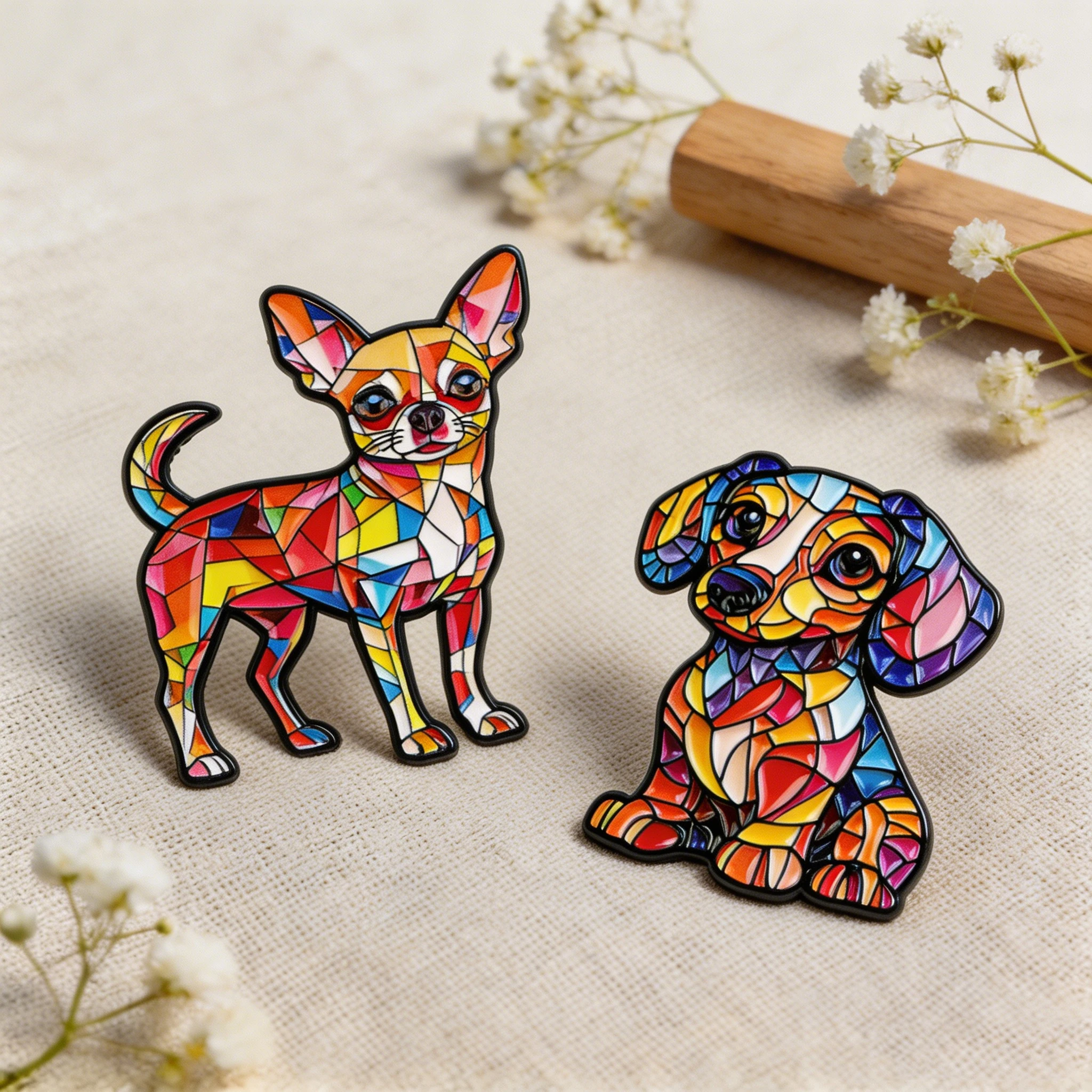 2pcs/Set Stained Glass Dog Enamel Pin Chihuahua Dachshund Brooch For Coat Women's Brooches Backpack Pins Badges Jewelry Gifts