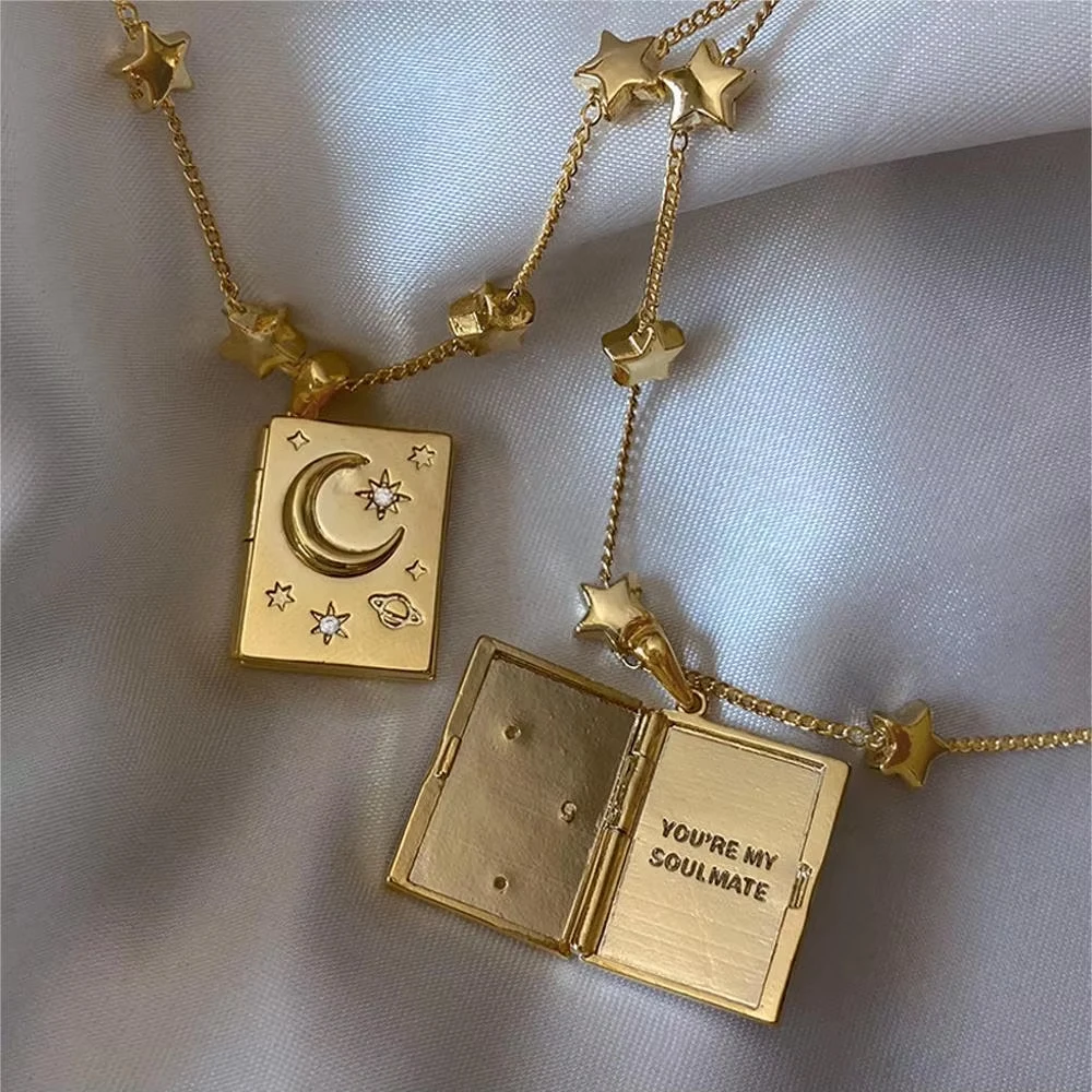

Vintage Suaqre Openable Picture Frame Pendant Neckalce Cute Moon Chunky Star CZ Zircon Album Polished Gold Color Choker Jewelry