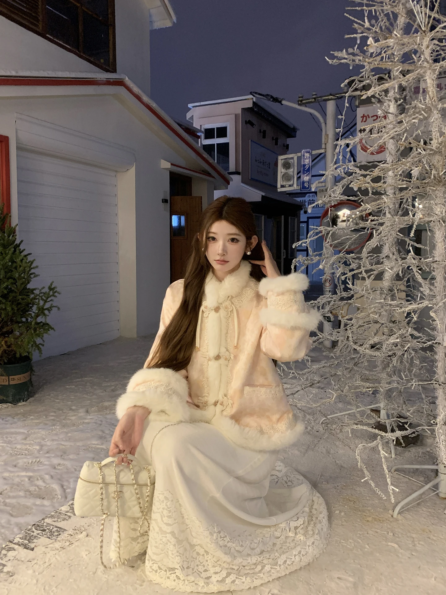 

NMIOK Chinese Sle Women's Winter Warmth Du down Coat with Lace Design And Skirt Set National Trend Long Sve Coat