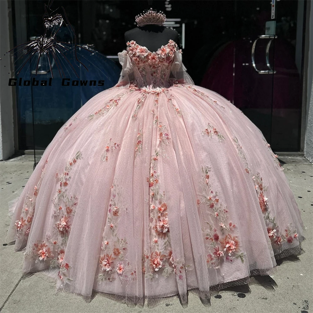 Vestido de fiesta rosa con hombros descubiertos, vestido para quinceañeras para niñas, vestidos de fiesta de cumpleaños con flores en 3D, vestido de graduación con lazo personalizado