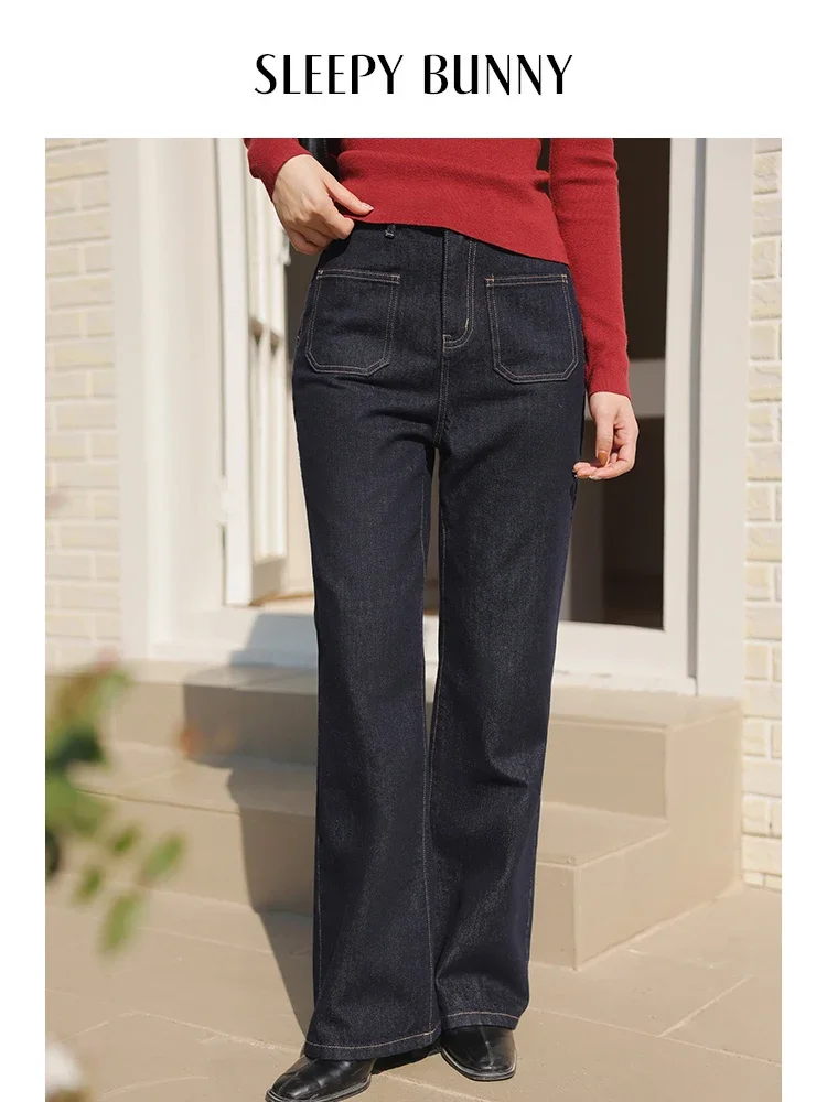 Women Retro High-Waist Flared Jeans Spring 2025 Dark Blue Wash Contrast Stitching Wide-Leg Bell-Bottom Casual Denim Trousers