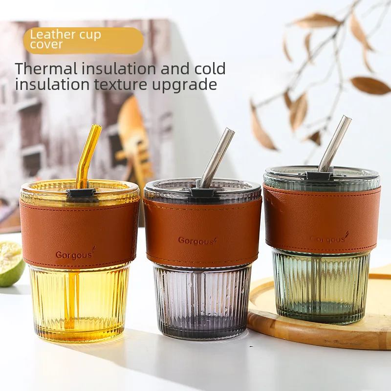 New style with lid vertical pattern bamboo cup high-looking straw glass cup internet celebrity gift Cup office coffee cup Water