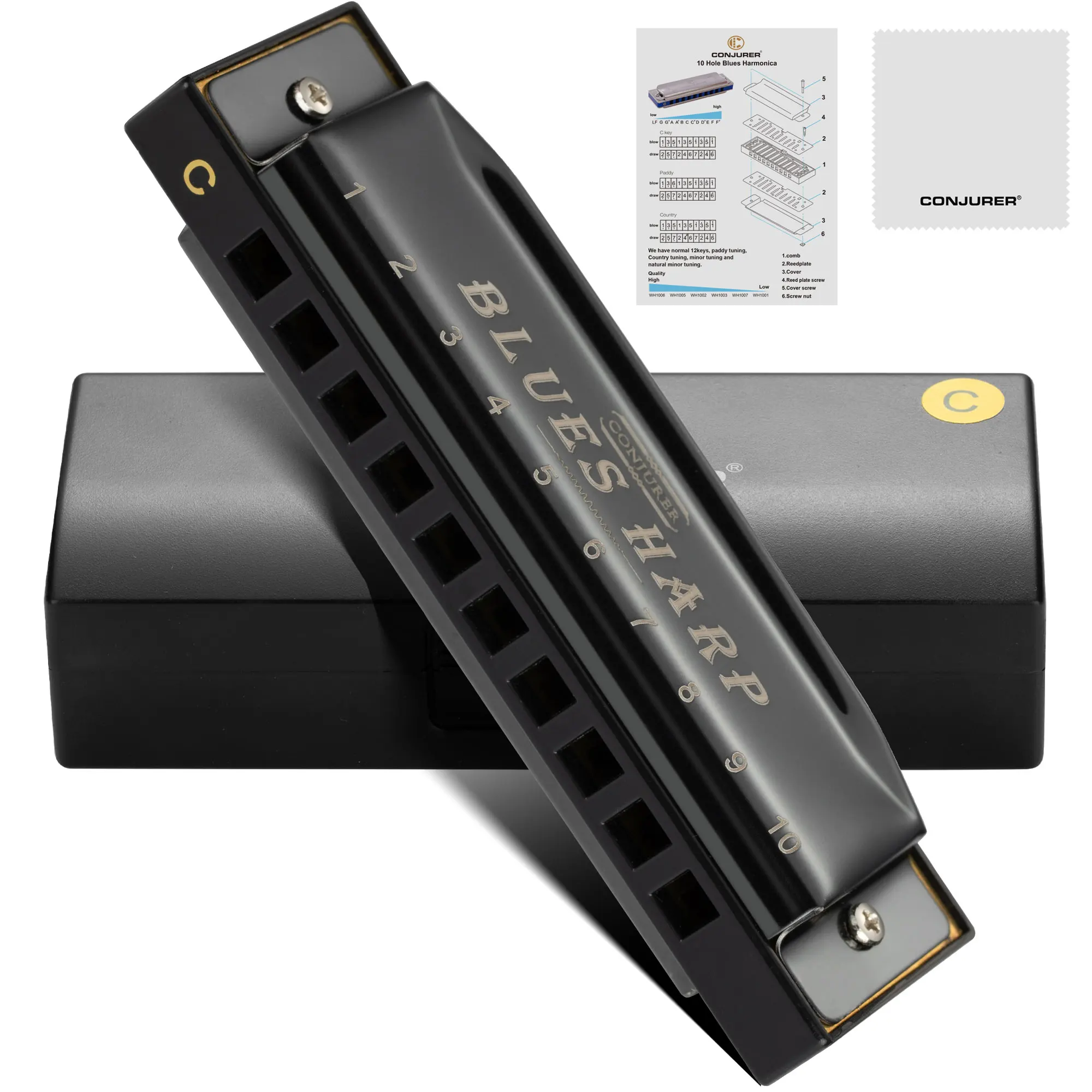 

CONJURER Diatonic Harmonica 10 Hole Blues Harp Mouth Organ with different keys Professional Musical Instruments(BLACK COVER)