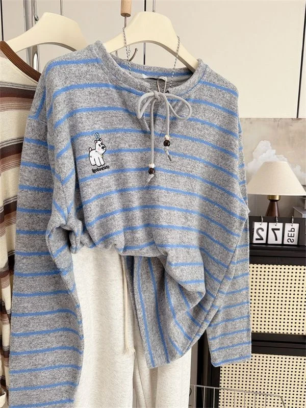 

Стильная теплая модная рубашка унисекс в корейском стиле с вышивкой медведя, в полоску, с длинным рукавом, для осени, для мужчин и женщин, до 300 фунтов