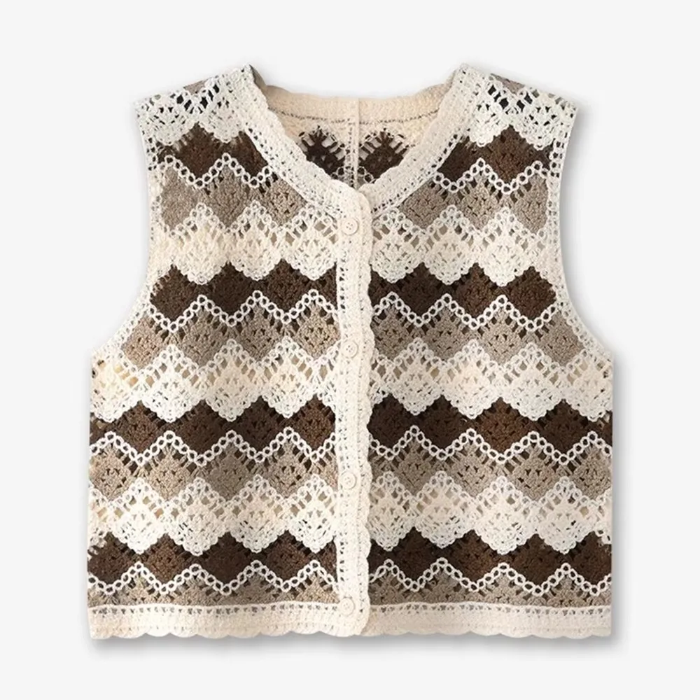 Argyle Crochet Vest 여성 민소매 버튼 다운 오픈 니트 양복 조끼 탑 Boho Teen-girl 봄 여름 해변 복장
