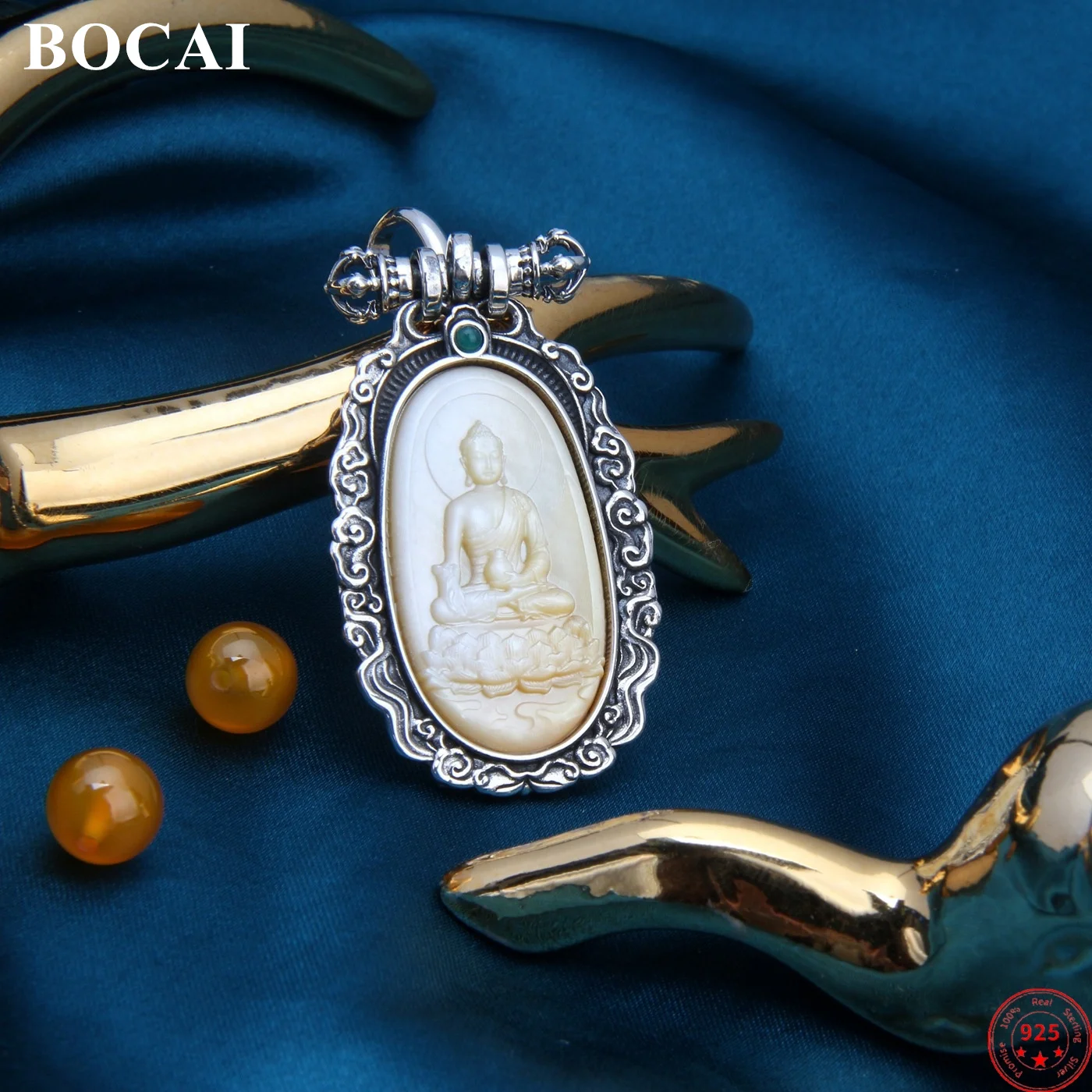 

BOCAI S925 Sterling Silver Pendants for Women Men Relief Pearlescent Shell Buddha of Medicine Amulet Charm Jewelry Wholesale