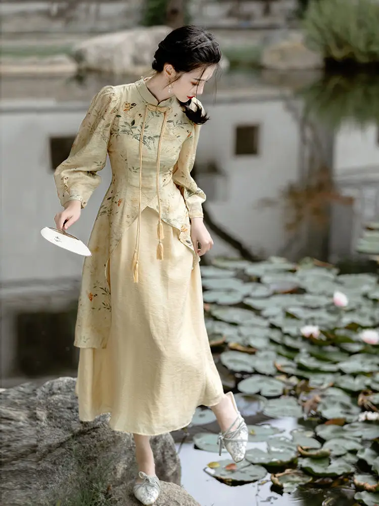 New Spring Long Sleeved New Chinese Style Dress Women\'s Button Young Qipao Dress Chinese Style Long Sleeved Elegant Dress
