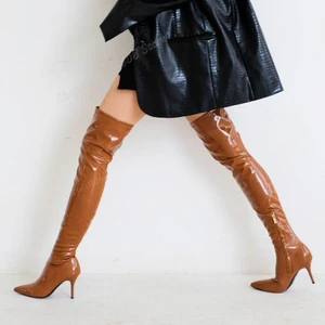 Hoch -heftige Stiefel aus lackiertem Lederstylus für Frauen, sexy Schuhe am Knie, Karamellfarbe, spitzer Finger, Track 2023 4 Hauptverkäufe Frauenstiefel Karamell - №4