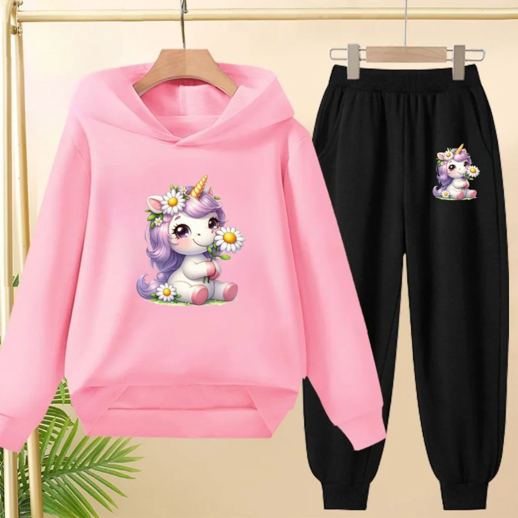 

The Pink Cute Unicorn-patterned Sportswear Set, Hooded Long Shirt Children's Sportswear Pants Are Suitable Boys Girls Aged 3to12