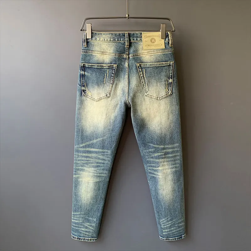 Italian Style Fashion Men Jeans High Quality Retro Washed Blue Stretch Slim Fit Ripped Jeans Men Vintage Designer Denim Pants