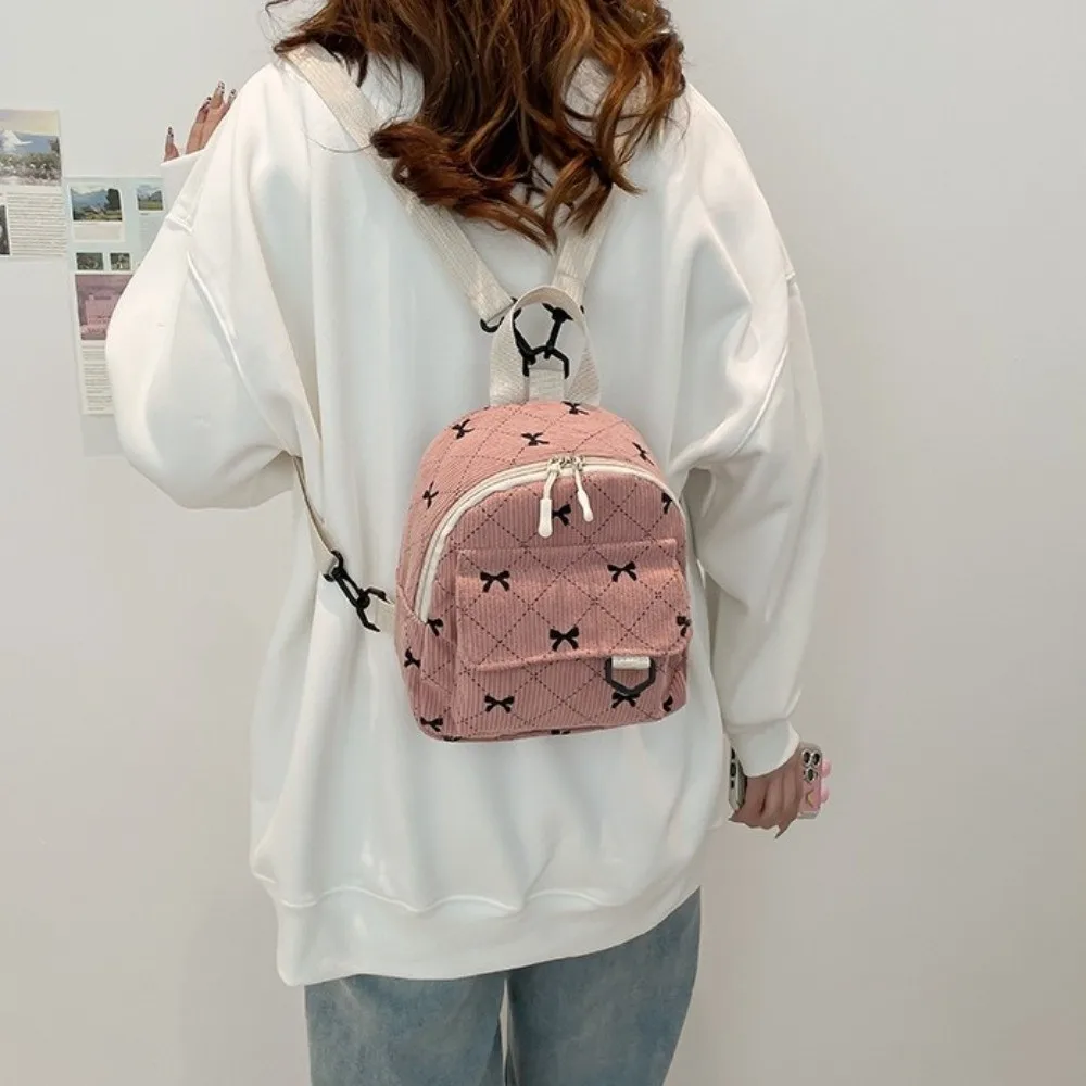 Sweet Corduroy Mini Backpack Bowknot Printed Lightweight Shoulder Bag Multi Layered Cosmetic Storage Bag Bow Rucksack Daily