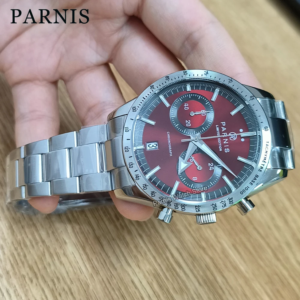 Parnis 40mm Red Dial Silver Bezel Quartz Chronograph Men\'s Watch Stainless Steel Strap Men Waterproof Sports Watches Gift Clock