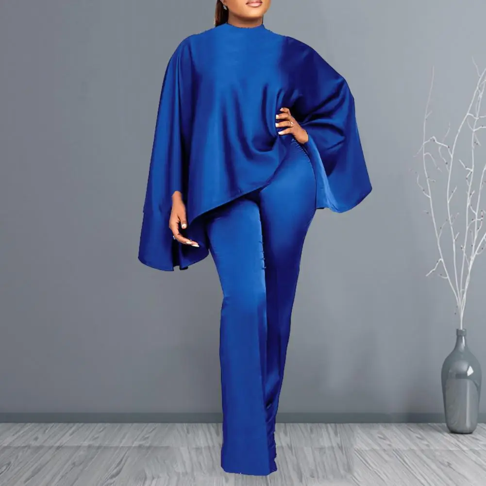 Women Faux Satin Outfit Elegant Satin Two-piece Set for Women Loose Batwing Sleeves Top High Waist Wide Leg Pants Outfit Solid