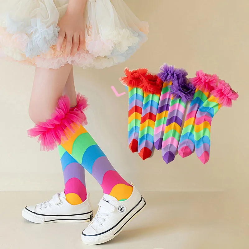 Girls Wave Rainbow Knee-High Socks 3-8T Thin Lace Tube Stockings for Kids Spring Autumn Performance In Tube Socks