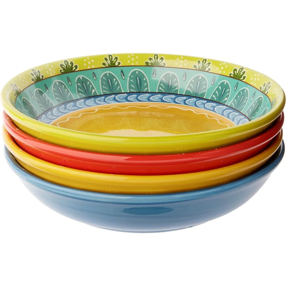 

Set of 4 Multicolor Ceramic Pasta and Soup Bowls, 38 oz Capacity, 9.25 Inch Hand-Painted Style