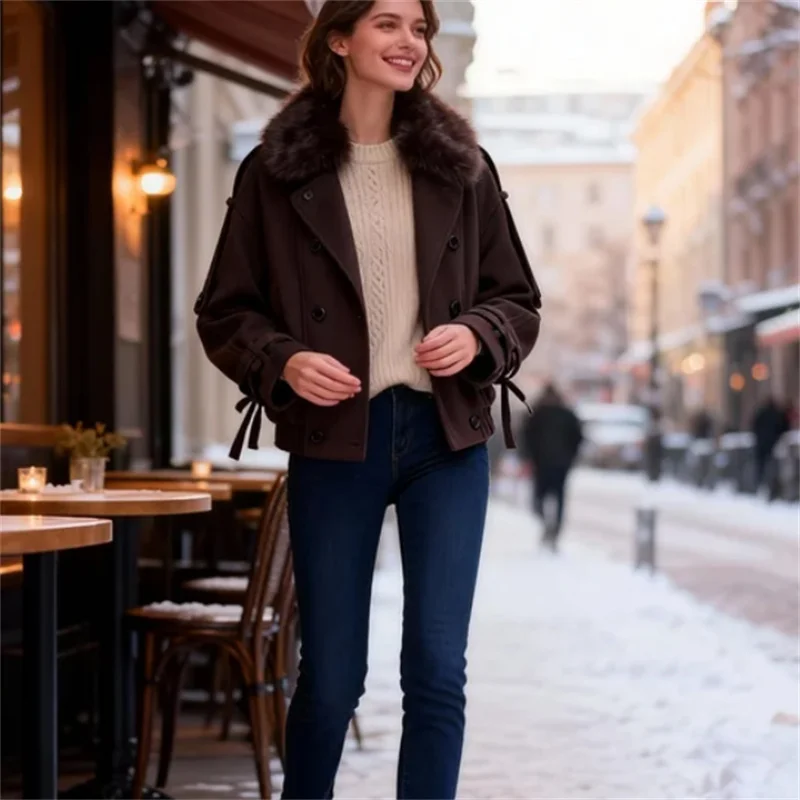 レディース ハイストリート カジュアル ミックスニットコート フェイクファー襟付き 秋冬 2025年新作