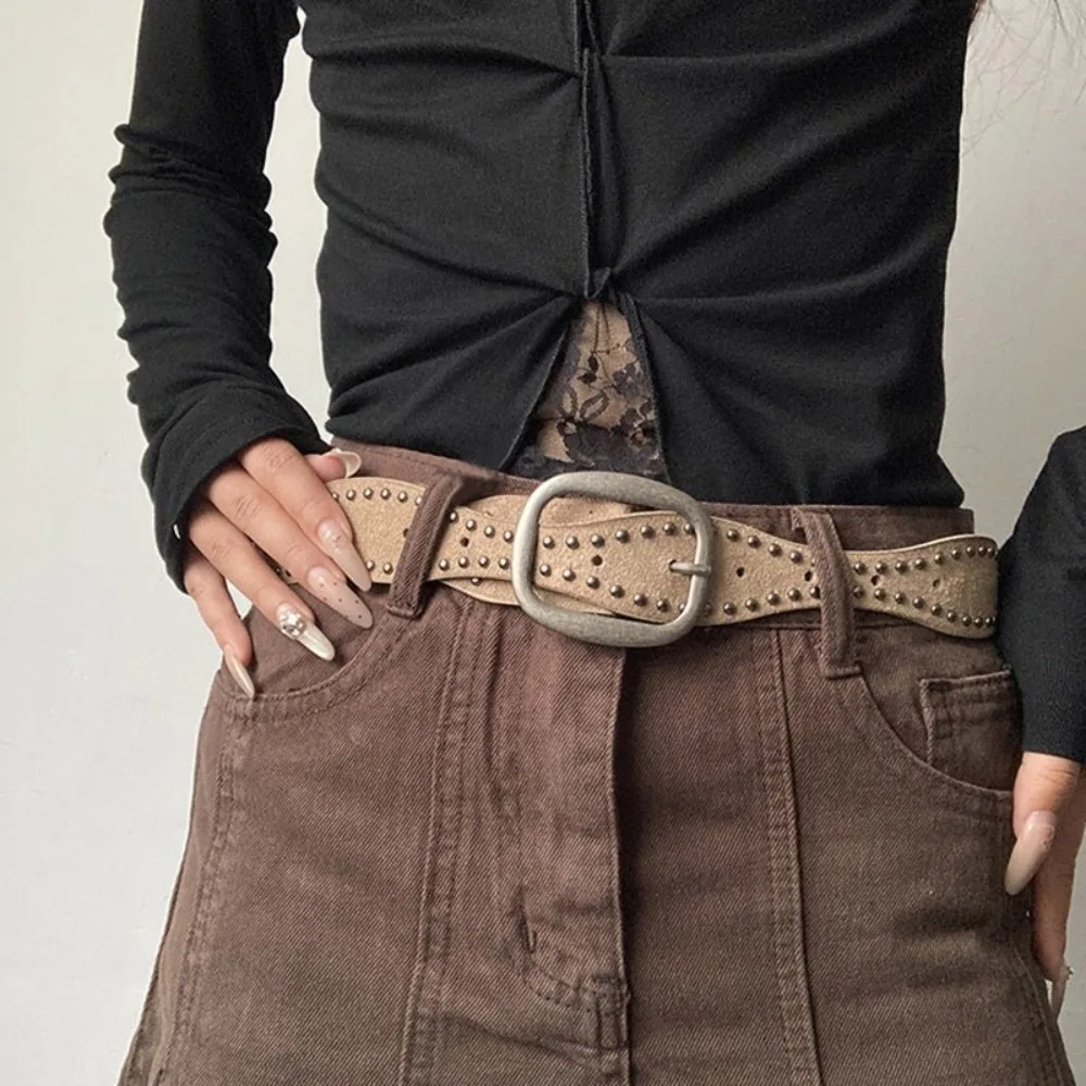 Retro Double-Row Rivet Belt Pin Buckle Wave Type Waist Belt Metal Stud Faux Leather Vintage Belt Attractive Matching Items