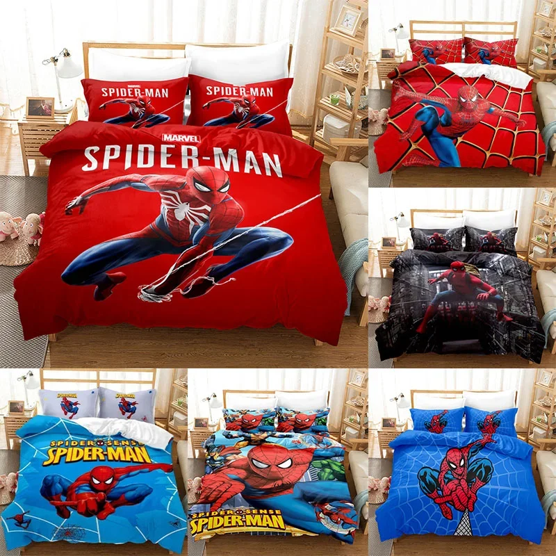 Juego de cama de Marvel Spiderman, sábanas para estudiantes, funda de edredón con funda de almohada, decoración de dormitorio Kawaii para niños y niñas, regalo de Navidad para niños