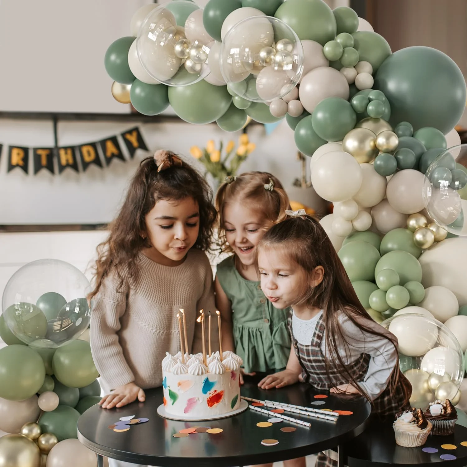 Sage Green Gold White Clear Balloon Arch Kit Sage Light Sand Latex Balloons Wedding Engagement Bridal Baby Shower Birthday Anniv view 3