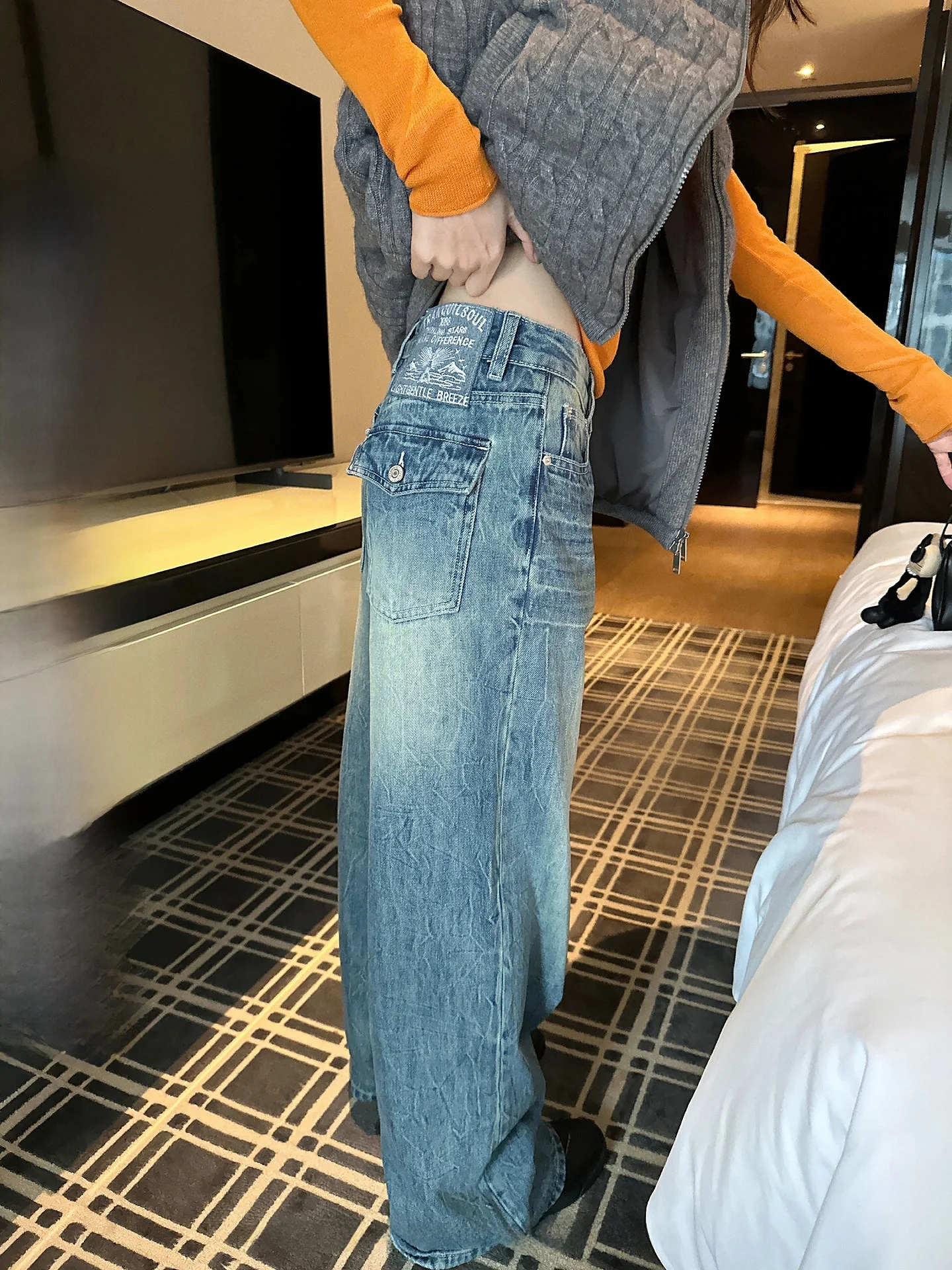 

Синие винтажные джинсы из денима для женщин, осенне-зимние, свободные, прямого кроя, повседневные, длинные брюки с высокой талией, без эластана