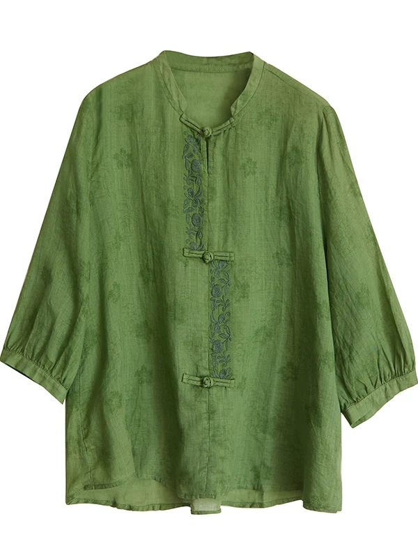 Retro Embroidered Cotton Linen Thin irt Large Size Women's Button Stand Collar Seven Sve Zen Tea Costume Top