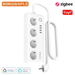 BORUIDAPLS Tuya Zigbee Smart Power Strip Extension Cord EU Socket Voice Remote Control Works With Google Home Alexa HU-E 4AC 16A