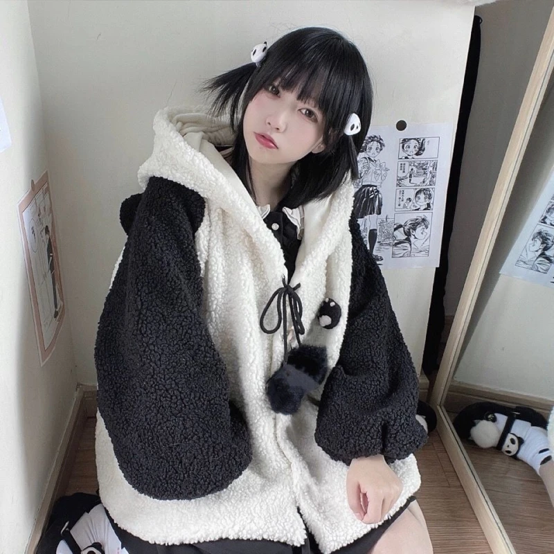 2025 Autumn Winter New Lamb Wool Fleece Thickened Sweatshirt Preppy Style Kawaii Cute Cat Ears Hooded Jackets Sweet Panda Coat