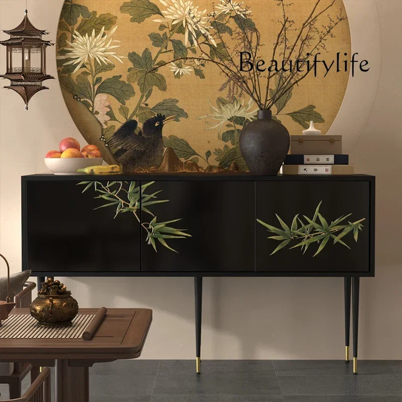 Chinese-style lacquered entrance storage cabinet, living room wall storage cabinet, household black decorative cabinet