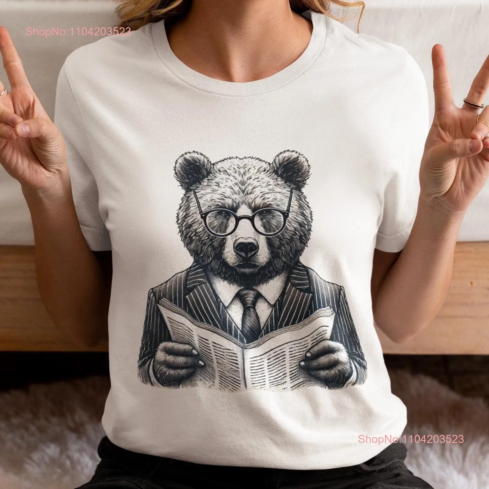 T Shirt with a Vintage Inspired Bear in Glasses Reading Newspaper Print Unique for Stylish Casual long or short sleeves