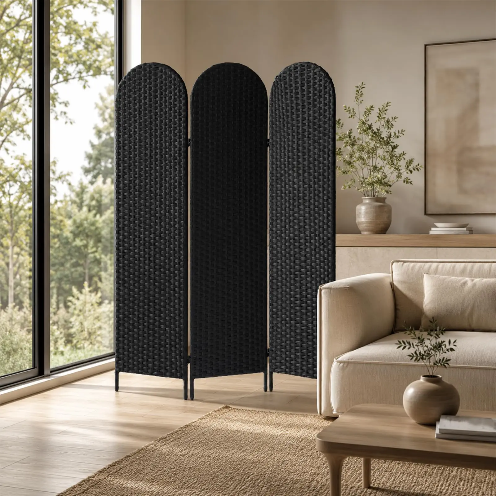 3 Panel PE Rattan Room Divider, Privacy Sn with Metal Fe