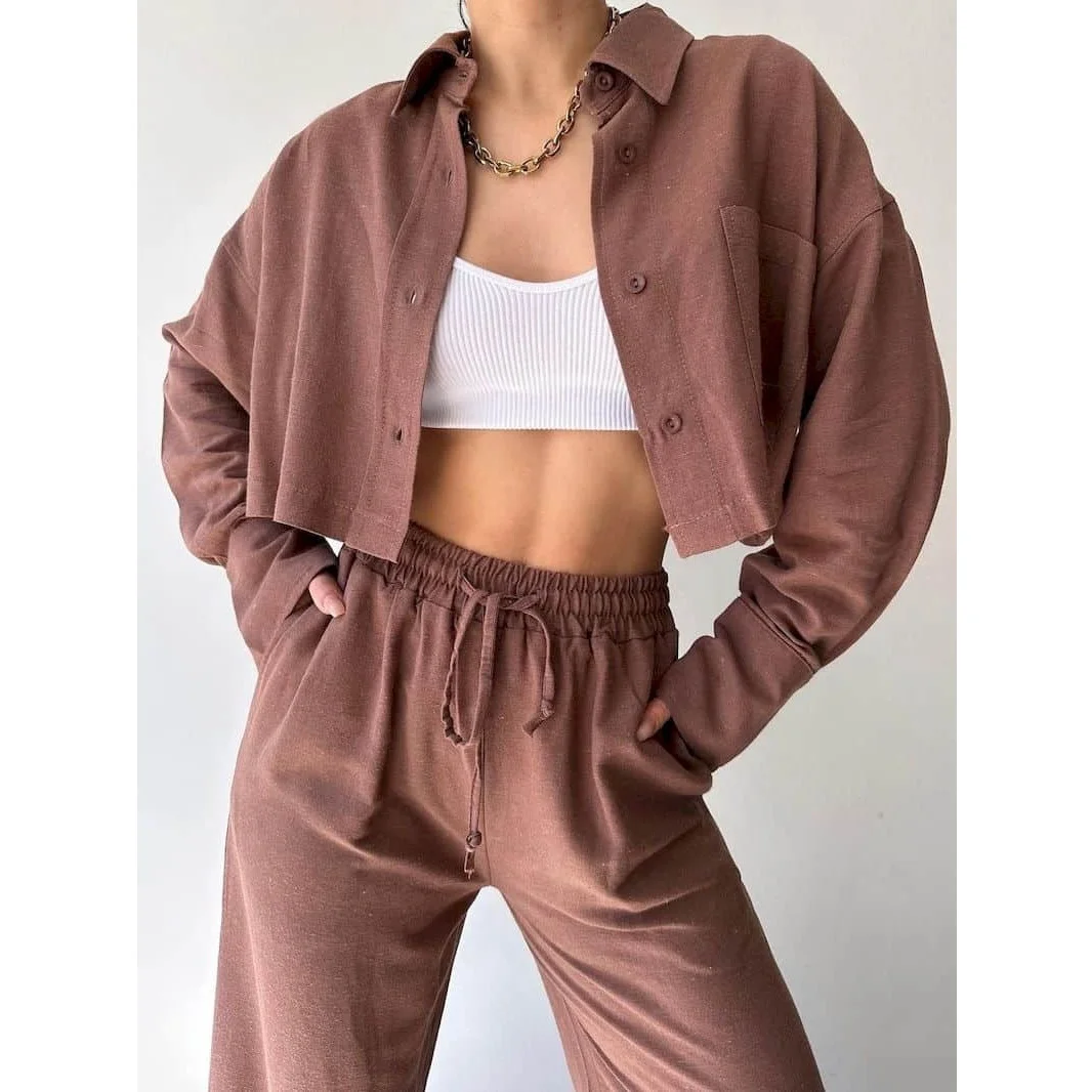 

Новые комплекты в тон, однобортные рубашки с длинными рукавами и воротником-поло, повседневные прямые брюки, осенние комплекты из двух предметов, женская одежда