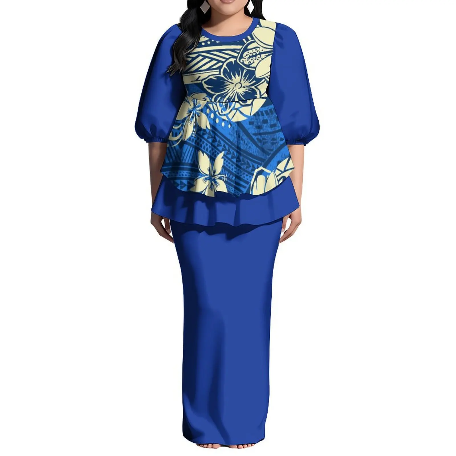 Venda quente personalizado tonga puletasi maxi vestidos amarelo senhoras bolha meia manga design em camadas babado vestido 2 peça conjunto vestido