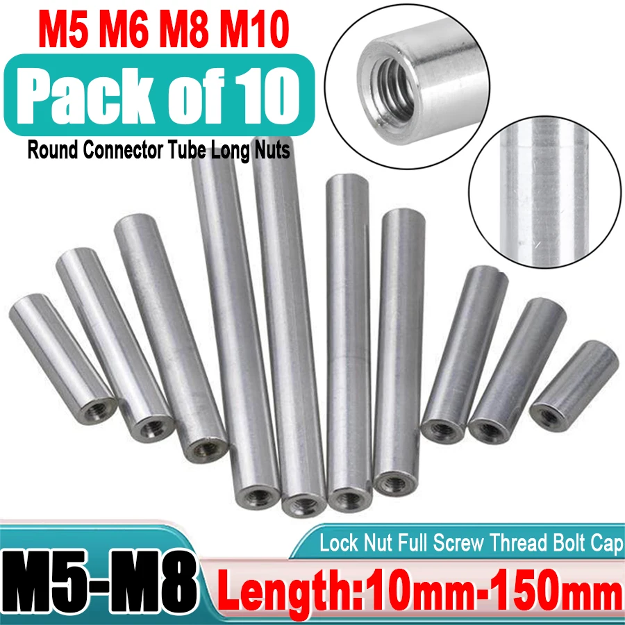 10pcs M5 M6 M8 M10 Aluminum All Thread Sleeve Rod Bar Stud Round Connector Tube Long Nuts 10-150mm Stud Spacer Standoff Rods